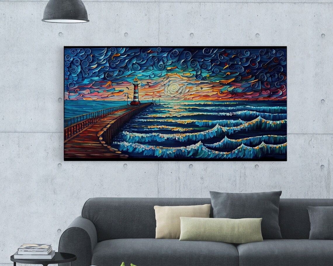 Starry Night Lighthouse Sunset Pier Ocean Waves Swirling Sky Art Poster - Image 5