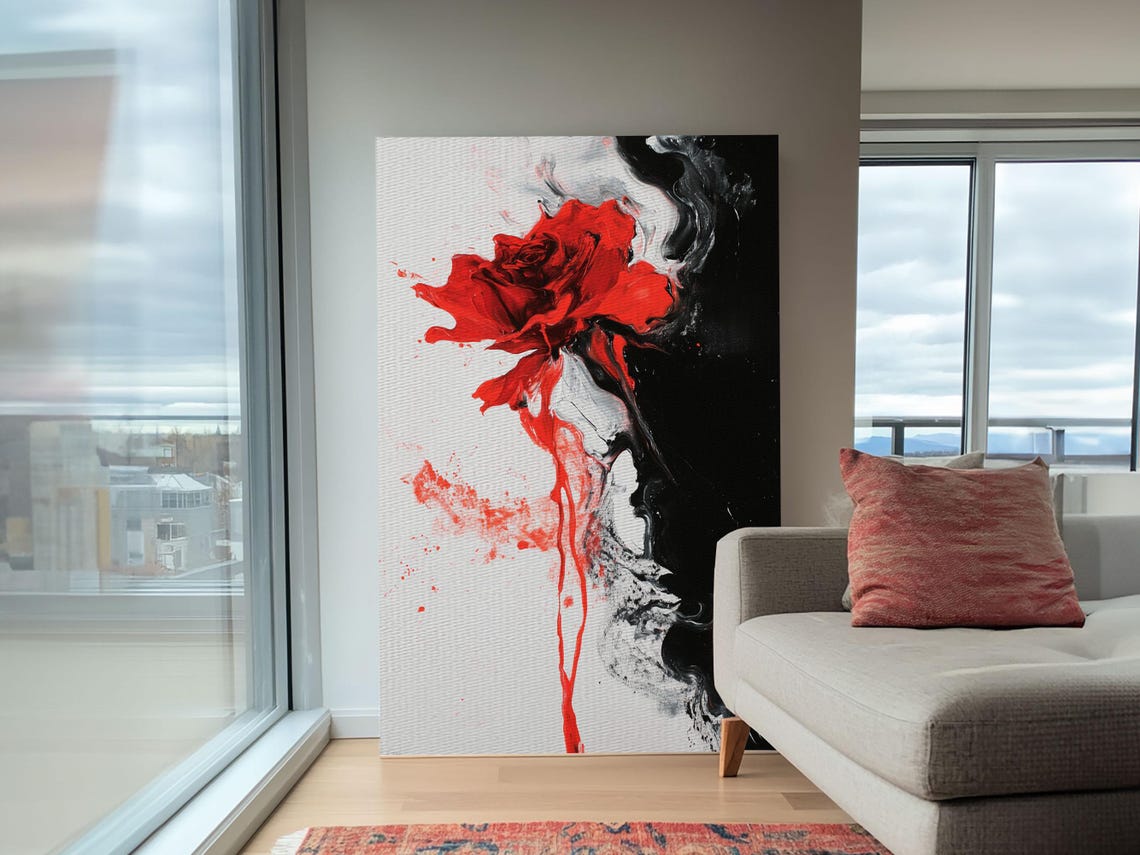 Dramatic Melting Red Rose Duality Abstract Black White Art Print