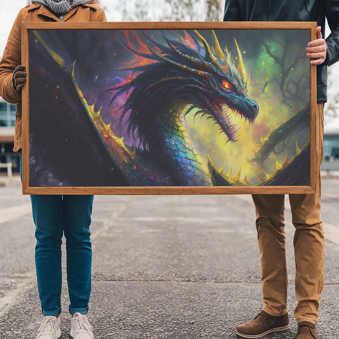 Psychedelic Dragon Head Iridescent Scales Golden Horns Dark Wall Poster - Image 3