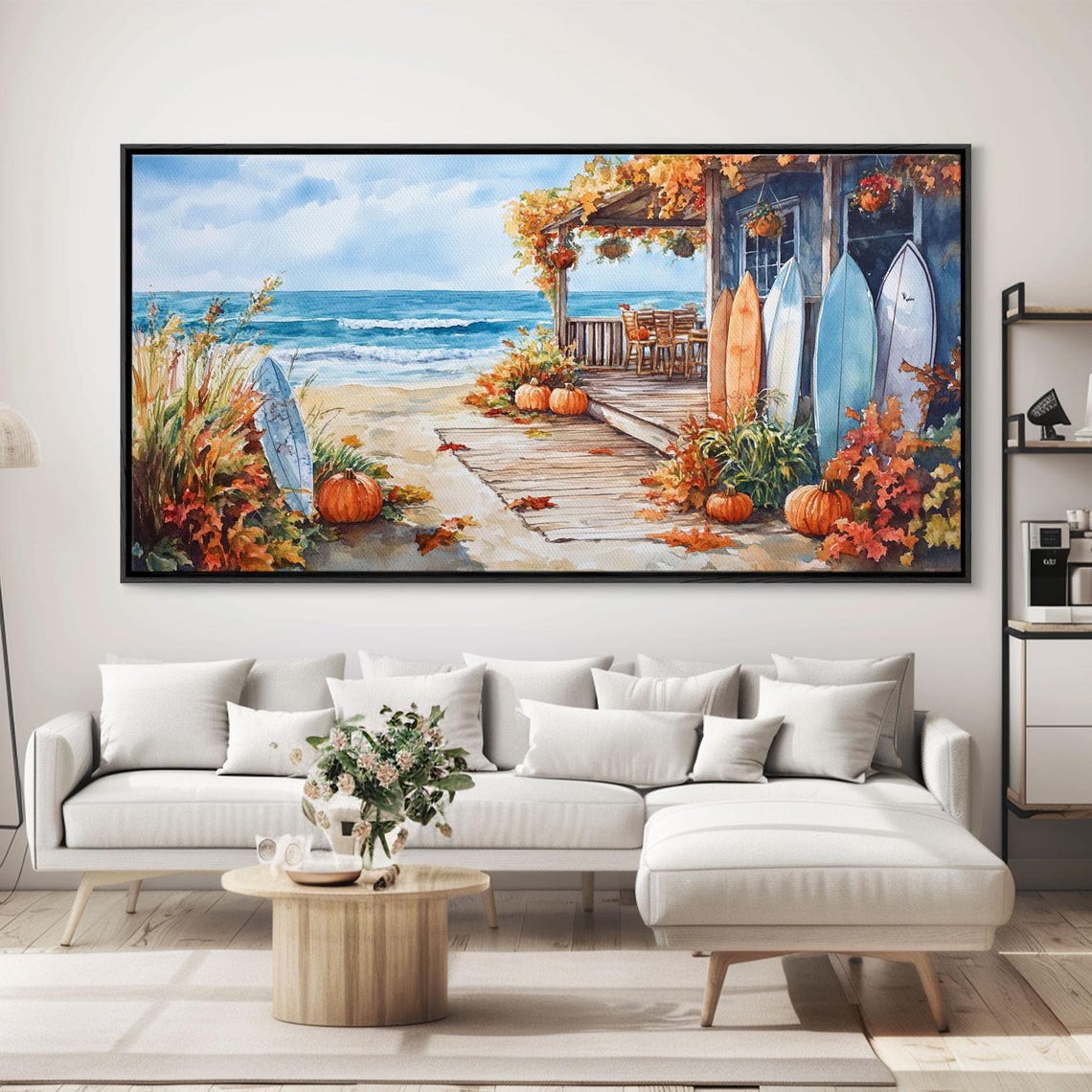 Beach House Porch Pumpkins Surfboards Boardwalk Ocean View Art Print - Image 2