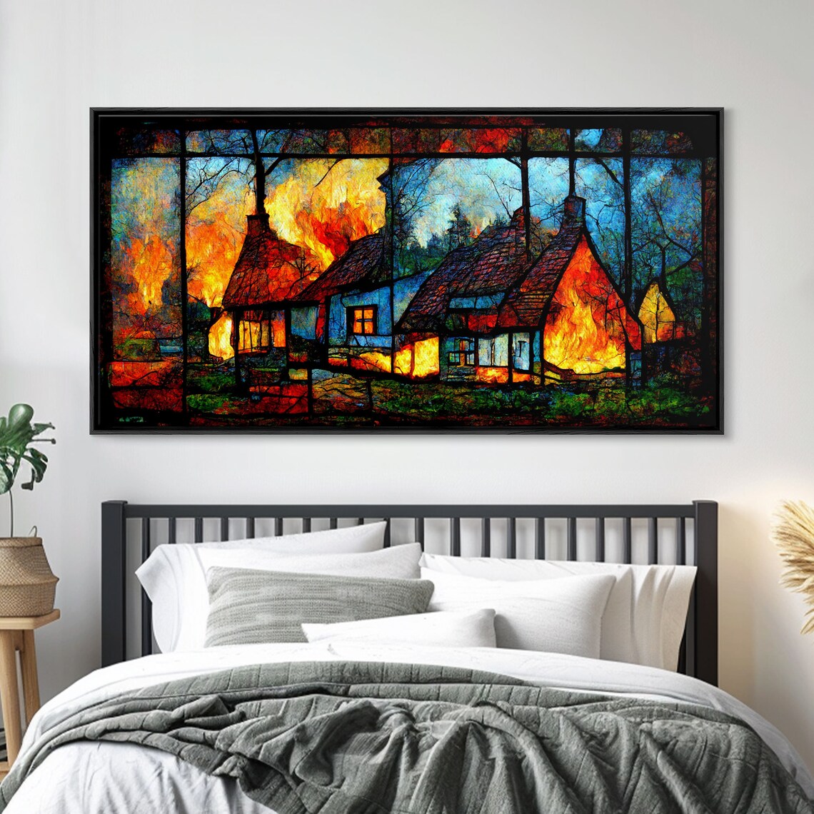 Stained Glass Cottage On Fire Print, Rustic Wall Art - Image 5