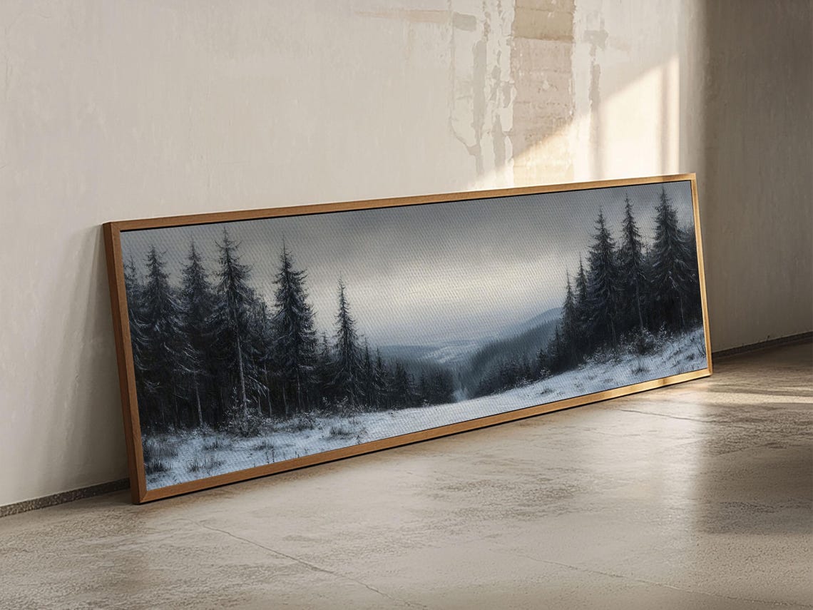 Black And White Snowy Pine Forest Bleak Winter Panoramic Print - Image 6