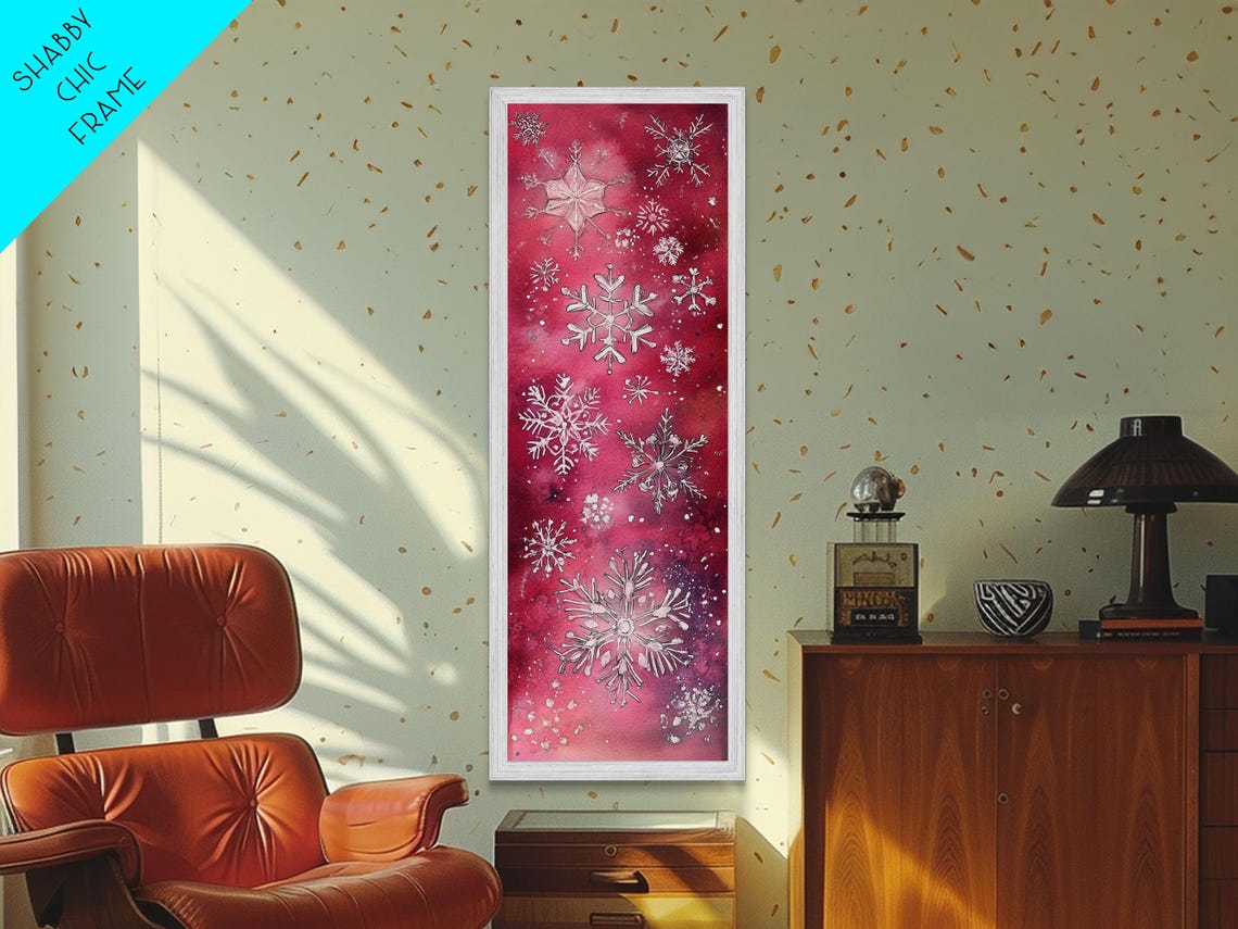 Pink Snowflake Watercolor Painting White Winter Snow Vertical Wall Art - Image 4