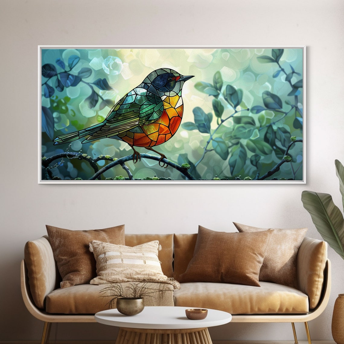 Stained Glass Songbird Teal Orange Perched Branch Spring Art Poster