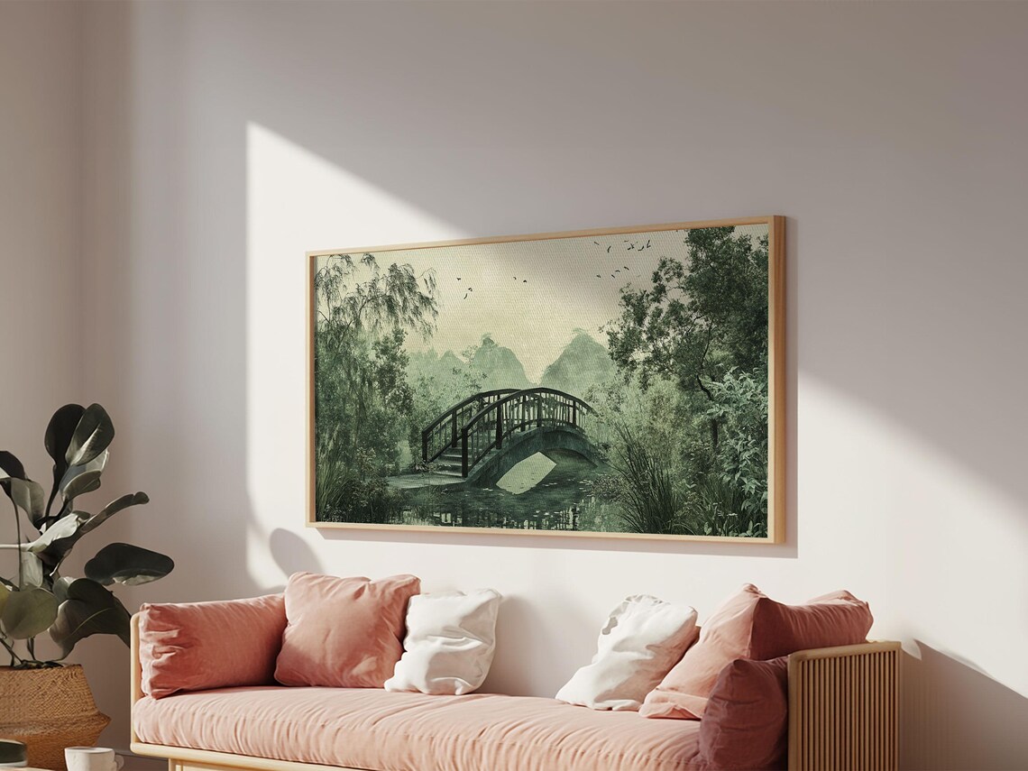 Misty Arched Bridge Japanese Garden Zen Chinoiserie Art Poster - Image 6
