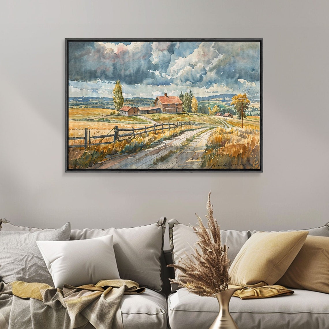 Watercolor Farm Road Red Barns Split Rail Fence Storm Clouds Poster - Image 5