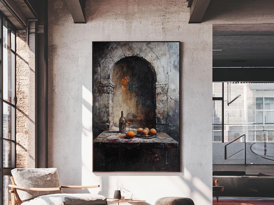 Dark Rustic Still Life Wine And Fruit Stone Arch Wall Art Print - Image 5
