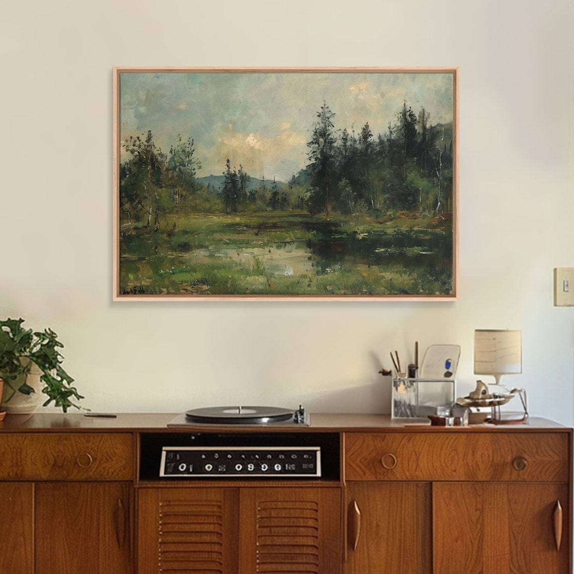 Summer Pine Forest Pond Reflections Calm Oil Landscape Poster - Image 4