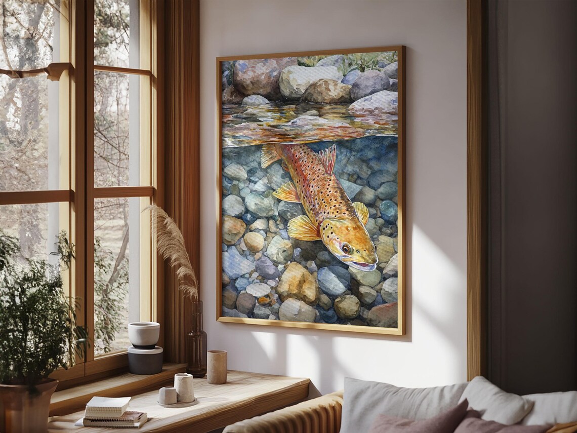 Brown Trout Swimming Art Print, Rustic Cabin Decor - Image 6