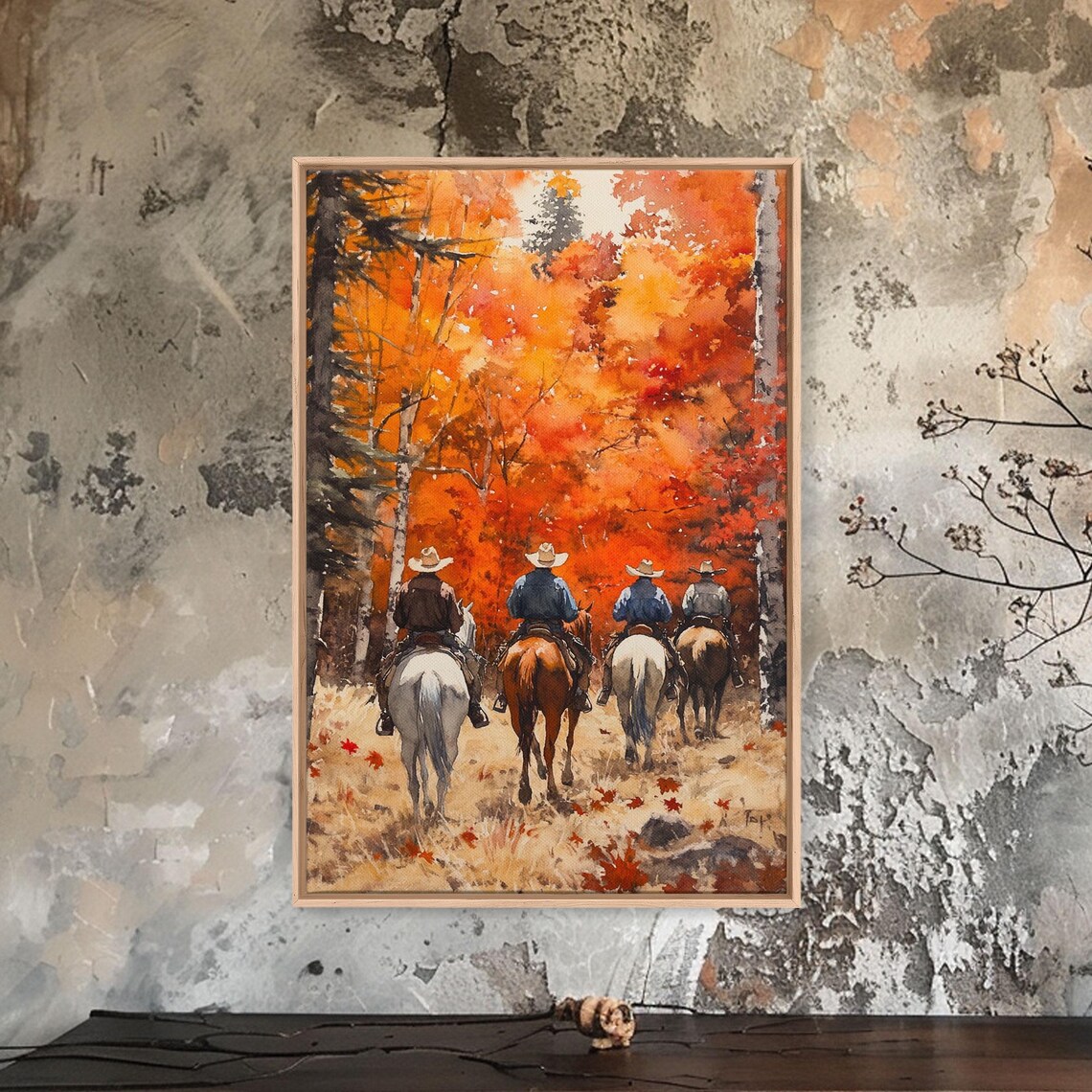 Four Cowboys Riding Horses Through Fiery Autumn Forest Fall Poster