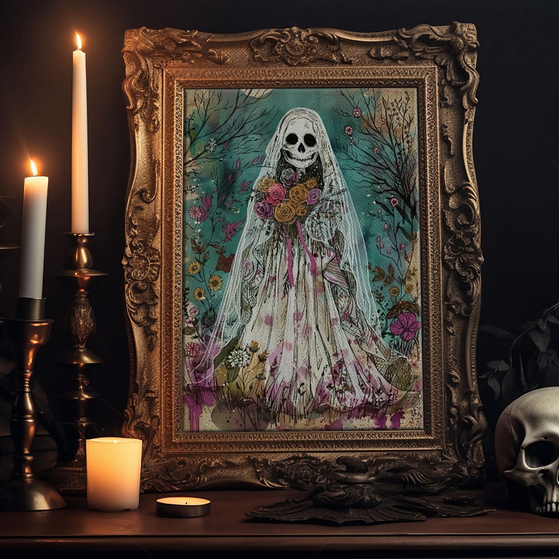 Ghostly Skeleton Bride Veil Roses Botanical Watercolor Art Poster - Image 6
