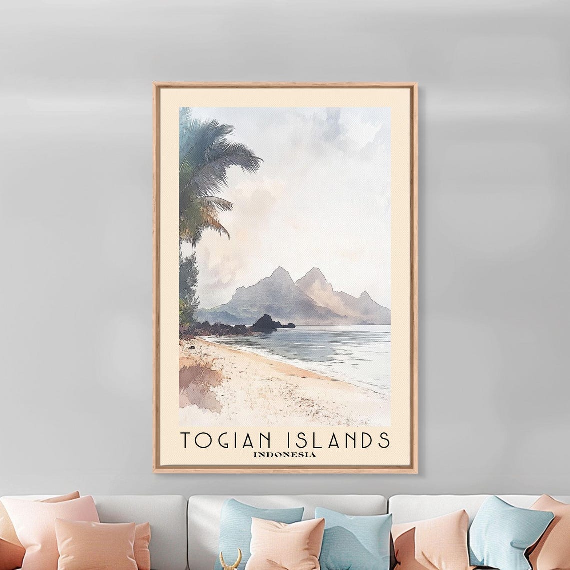 Togian Islands Indonesia Palm Beach Hazy Mountains Watercolor Poster - Image 2