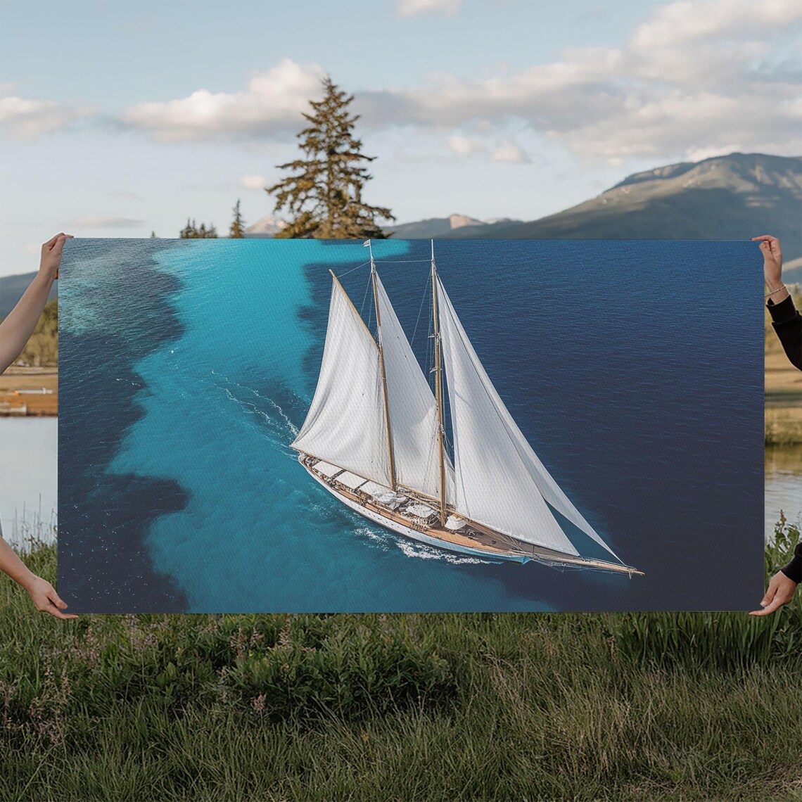 Tall Ship White Sails Turquoise Ocean Aerial Yacht Nautical Travel Poster - Image 5