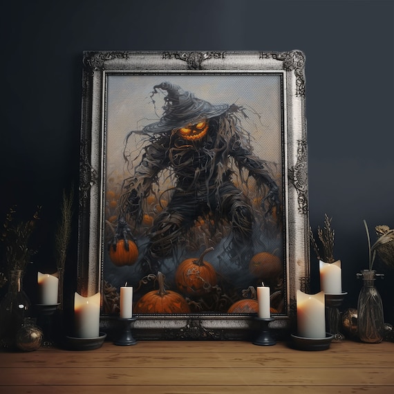 Haunting Pumpkin Head Scarecrow In Misty Field Halloween Art Print