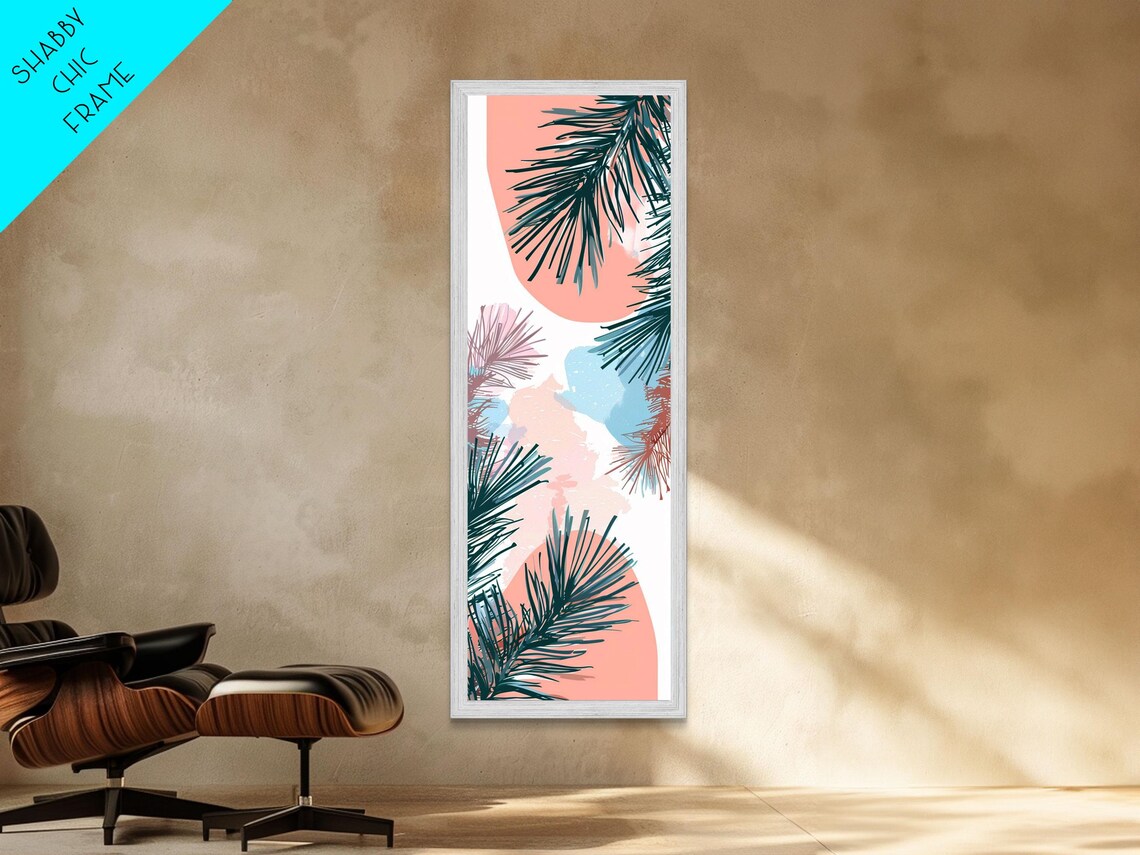 Elegant Pine Branches On Soft Pastel Background Skinny Art Japanese Wall Decor Framed Print Ukiyo E Style