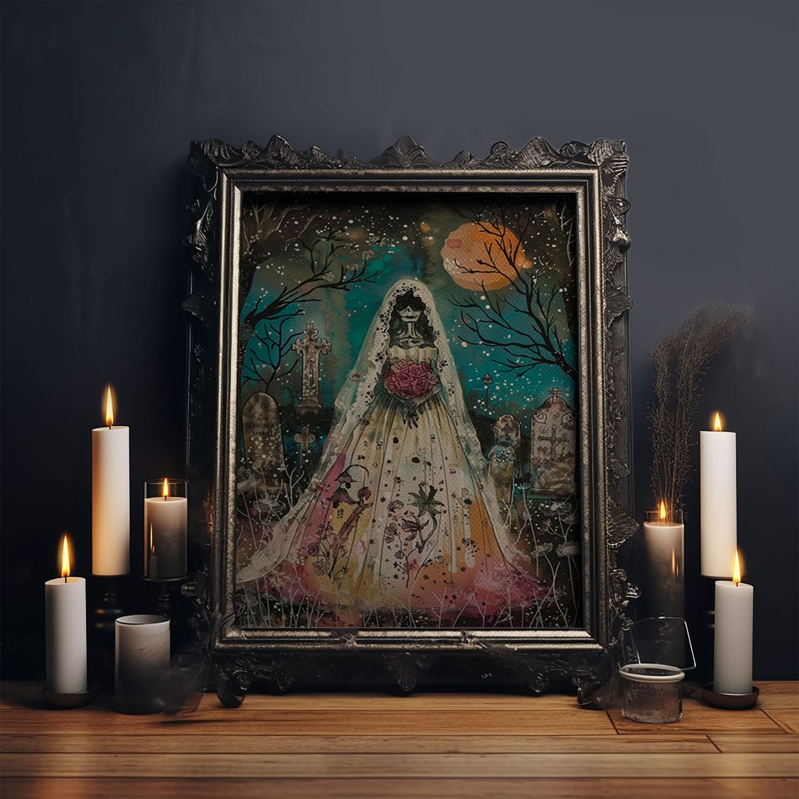 Skeleton Bride Graveyard Moonlit Cemetery Roses Watercolor Art Poster - Image 5