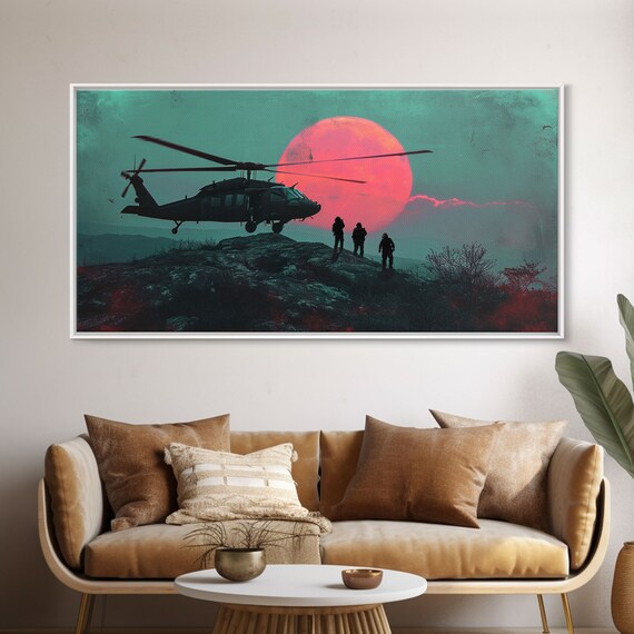 Blackhawk Helicopter Insertion at Sunset, Synthwave Poster