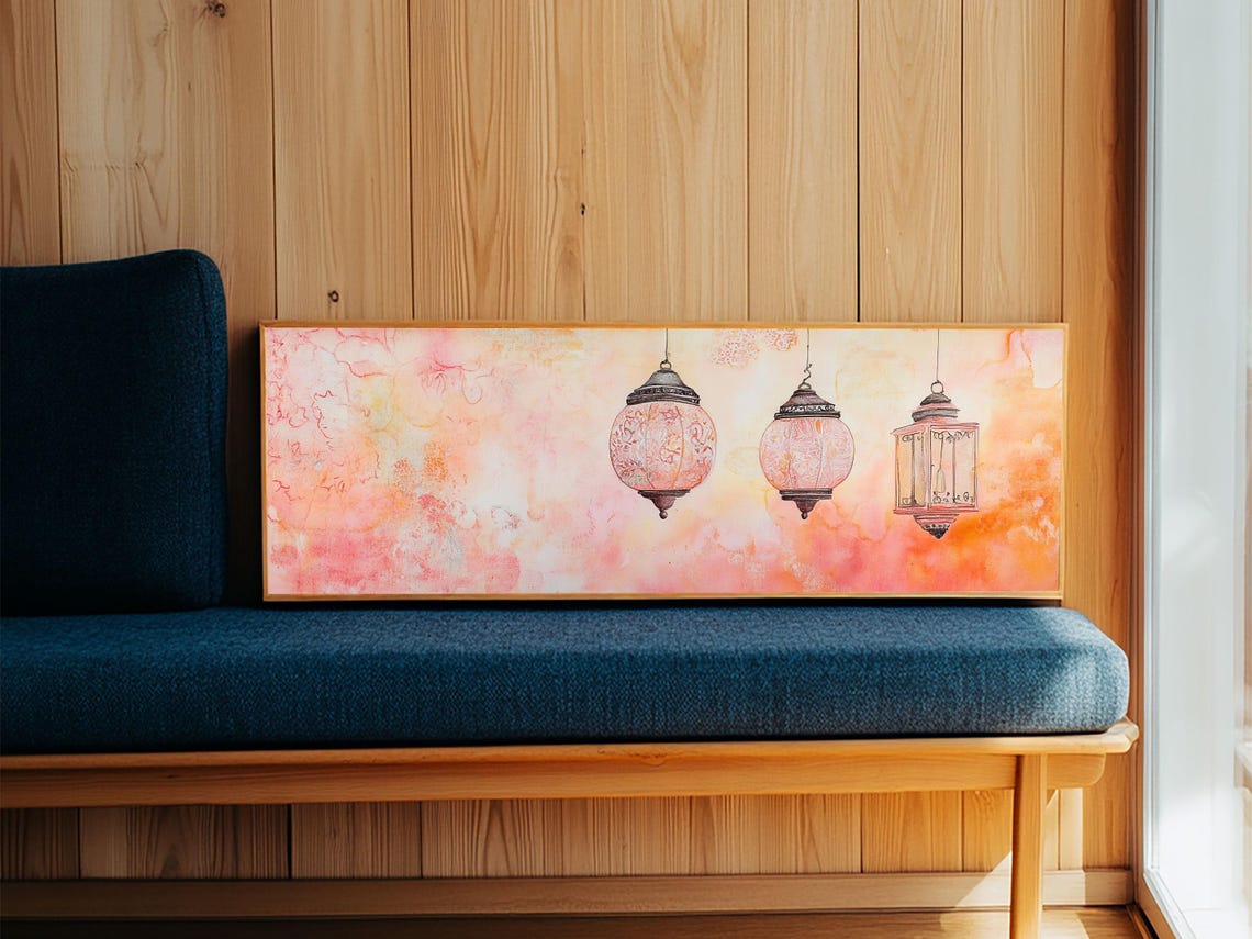 Moroccan Lanterns Print Pink Orange Wall Art Boho Decor Rustic Living Room Artwork Horizontal Farmhouse Style Gift Idea - Image 2