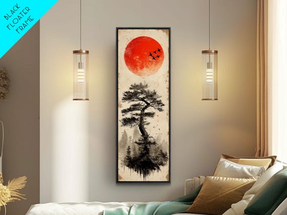 Bold Red Sun Pine Tree Framed Print Japanese Inspired Minimalist Wall Art Rustic Zen Decor Unique Vertical Nature Artwork