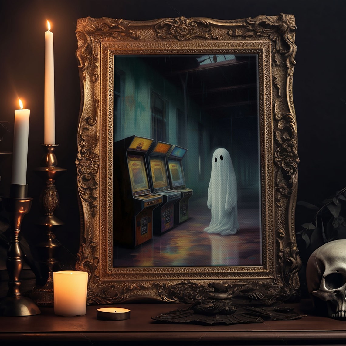 Ghost In Abandoned Arcade Among Retro Game Machines Dark Wall Art - Image 5