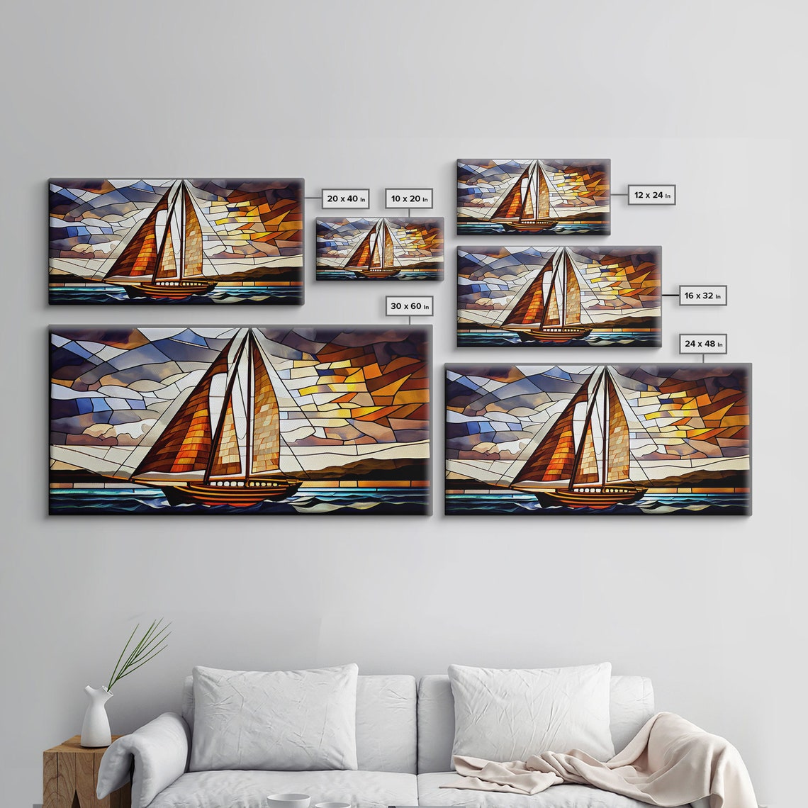 Art Deco Stained Glass Sailing Ship Golden Sails Ocean Wave Art Poster - Image 2