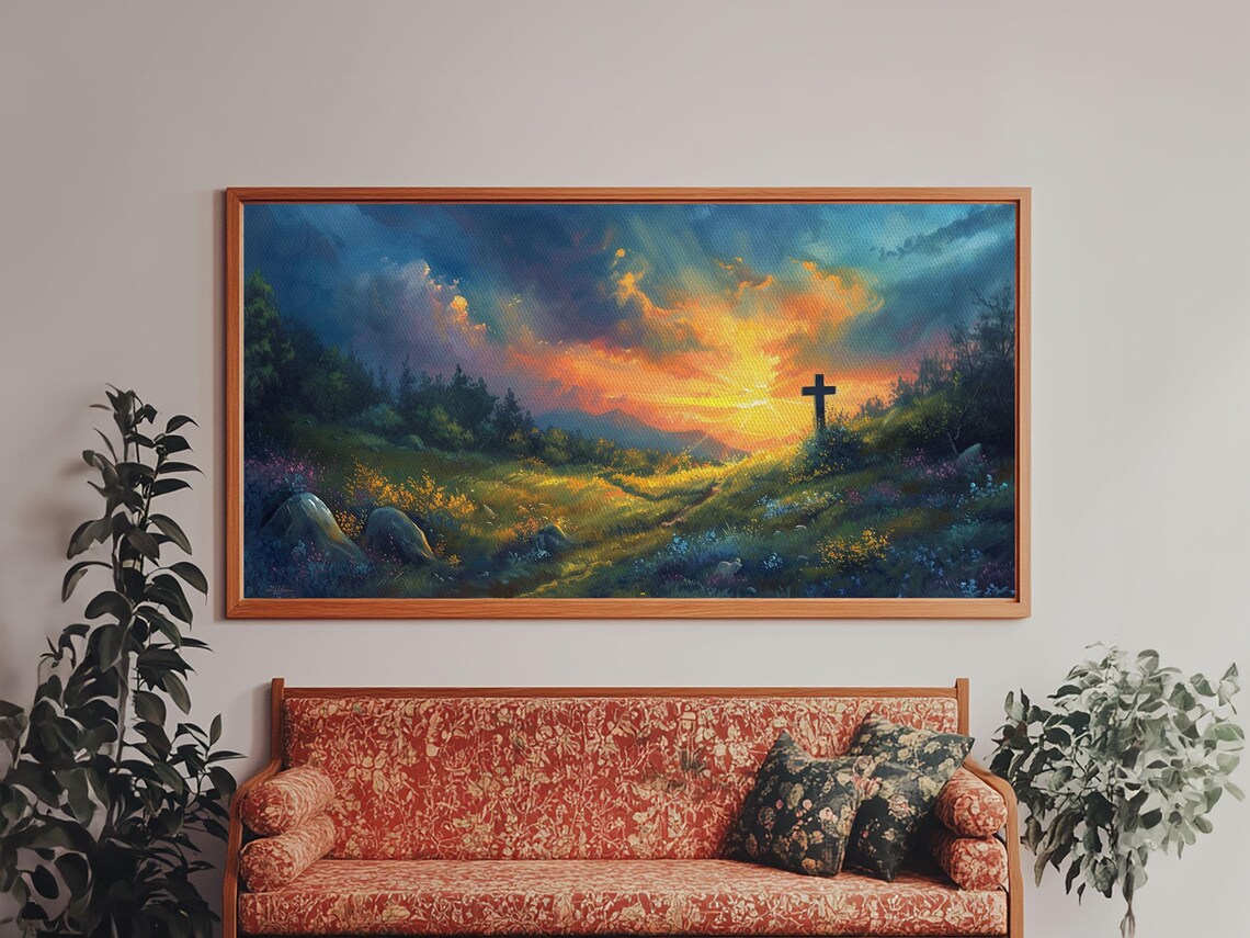 Christian Cross On Hill Sunset Meadow Oil Painting Faith Print