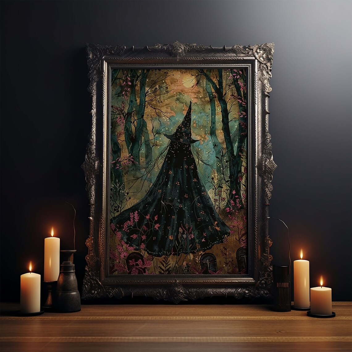 Witch Cloak Moonlit Autumn Forest Starry Night Watercolor Art Poster - Image 3