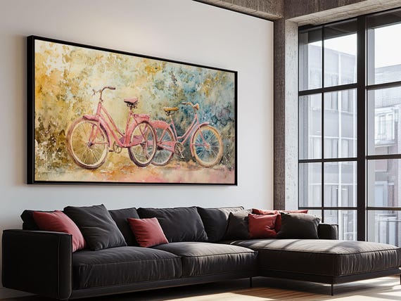 Vintage Bicycle Painting Framed Print Light Pink Rustic Art Living Room Decor Cottagecore Wall Art Gift Idea Above Bed