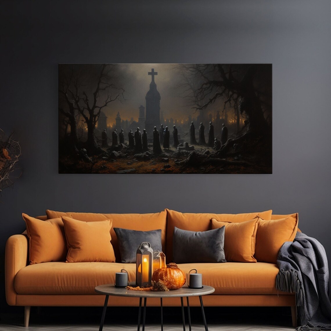 Haunted Cemetery Moonlit Church Cross Hooded Figures Graveyard Night Poster - Image 3