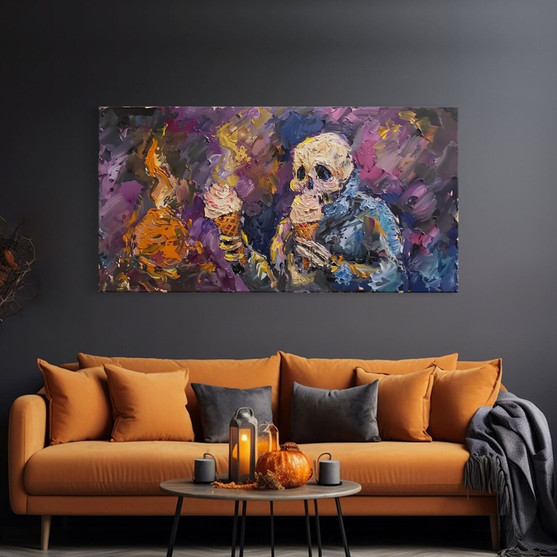 Funny Skeleton Eating Two Ice Cream Cones Impressionist Spooky Wall Art - Image 3