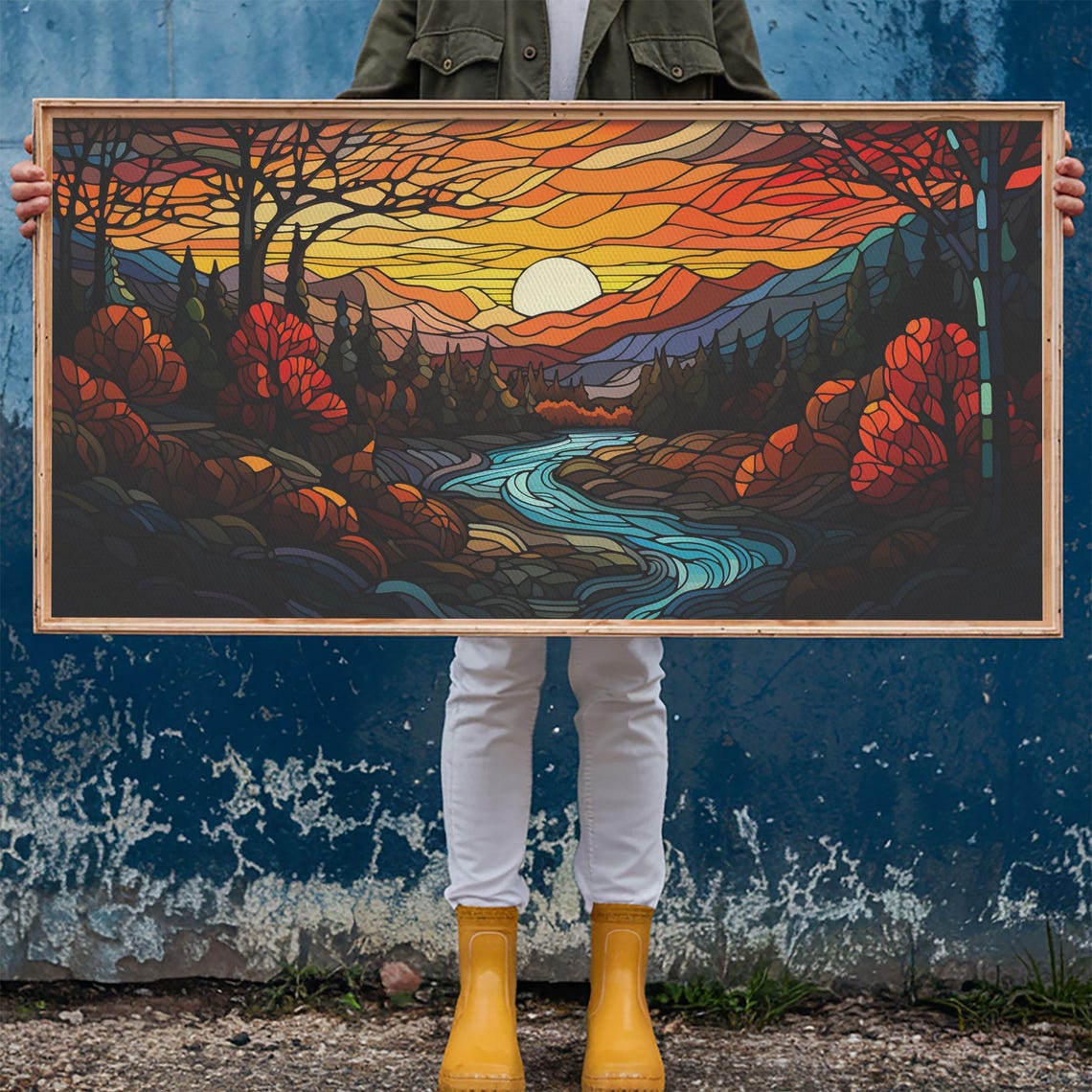 Stained Glass Autumn Landscape Winding River Sunset Mountains Poster - Image 6