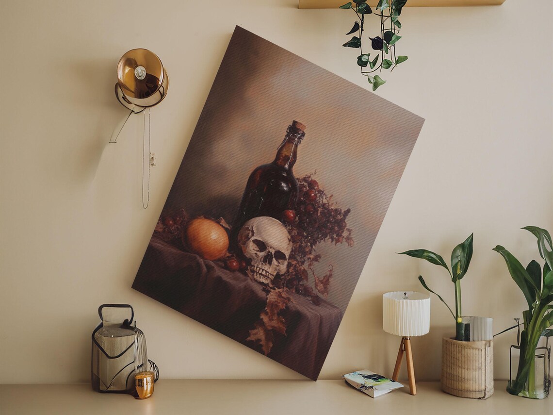 Skull Wine Bottle Fruit Still Life Dark Vanitas Oil Painting Gothic Wall Art - Image 5
