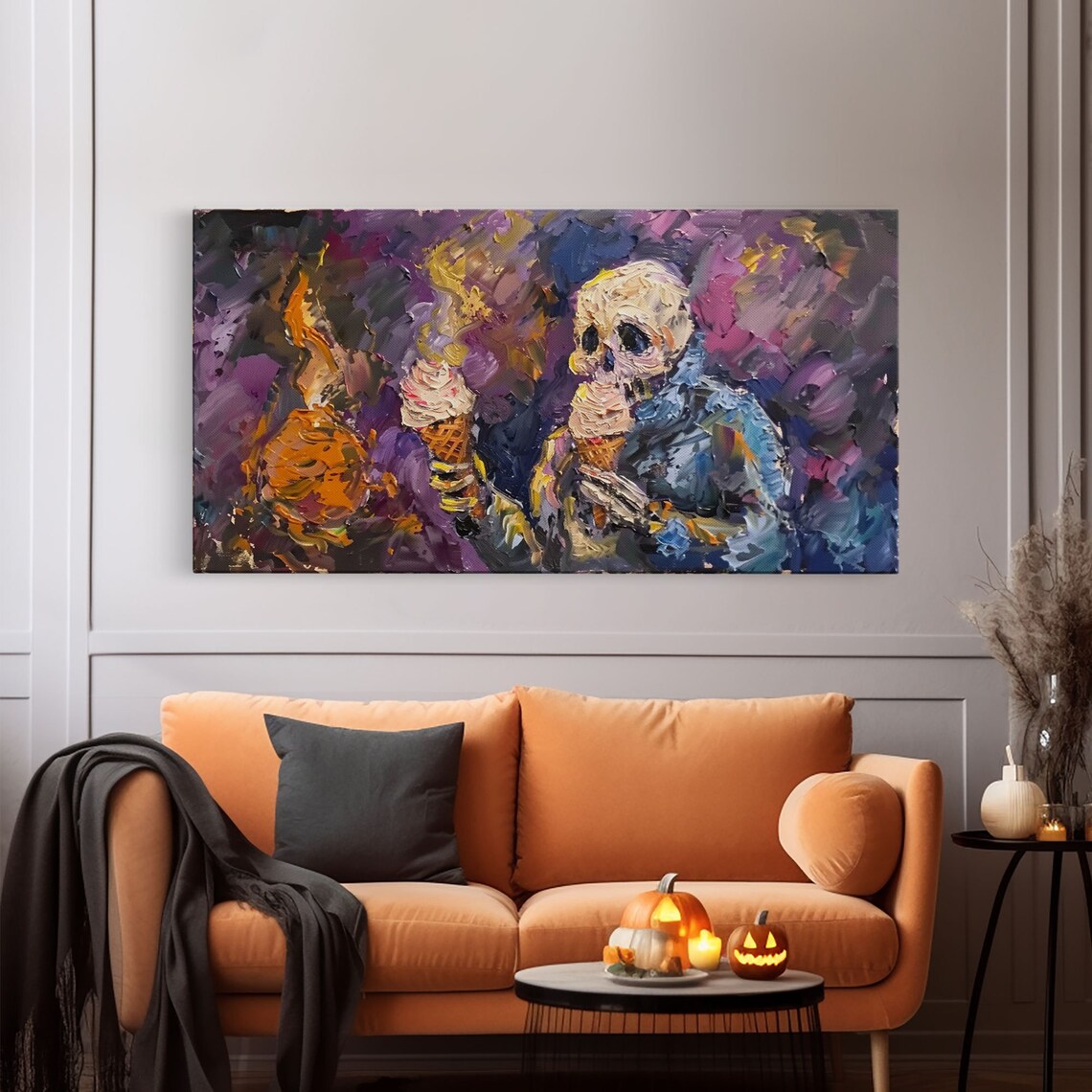Funny Skeleton Eating Two Ice Cream Cones Impressionist Spooky Wall Art