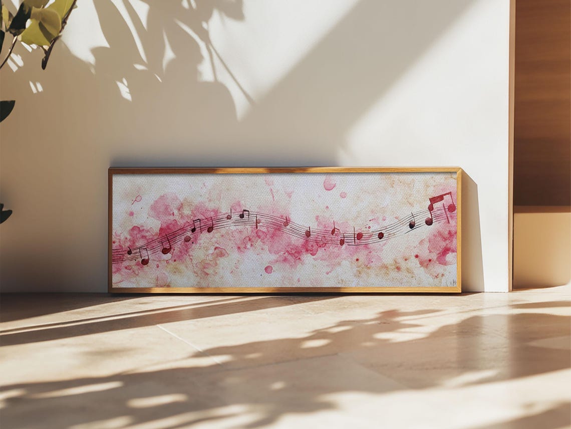 Pink Musical Notes Print Rustic Abstract Artwork For Living Room Nostalgic Art Nouveau Style Horizontal Wall Art Decor - Image 4