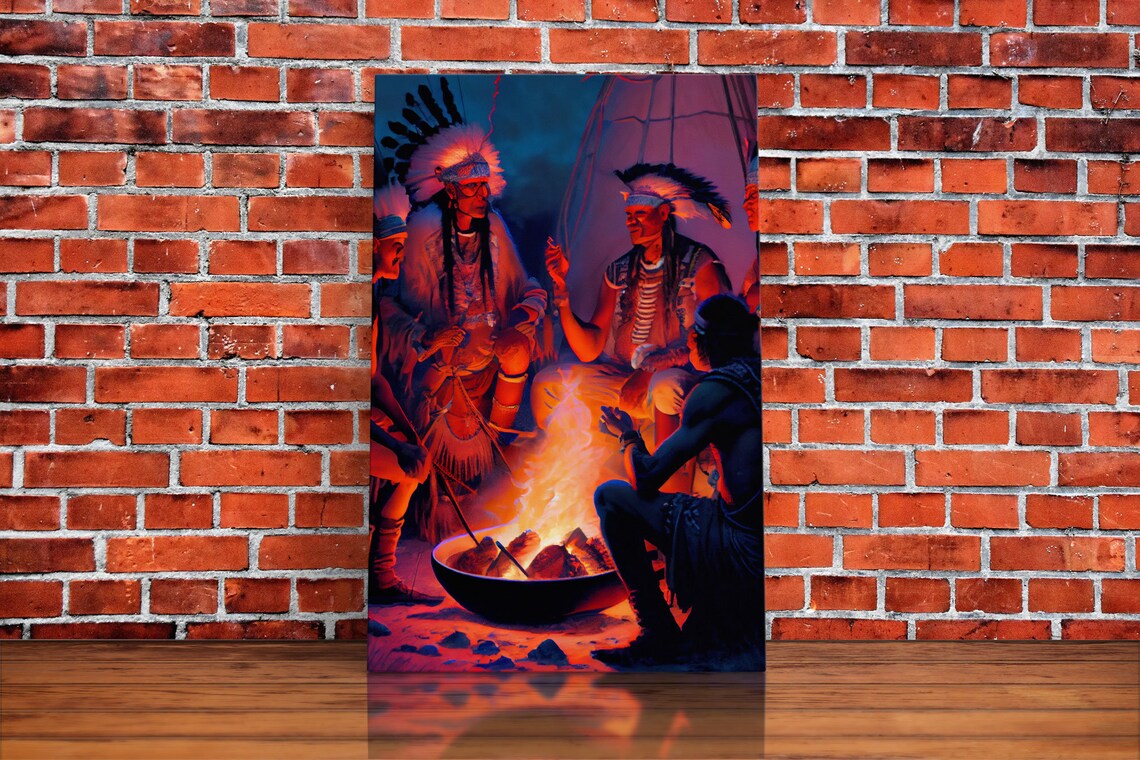 Native Americans at Campfire, Wild West Watercolor Art Print - Image 5