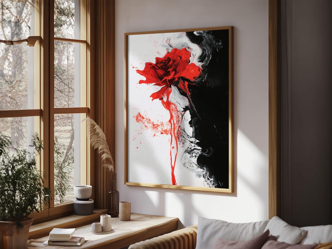 Dramatic Melting Red Rose Duality Abstract Black White Art Print - Image 3