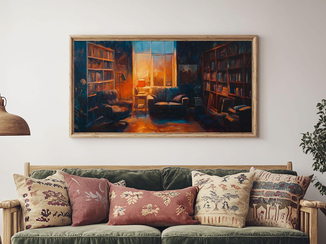 Cozy Library Interior Bookshelves Armchair Warm Light Study Art Poster - Image 2