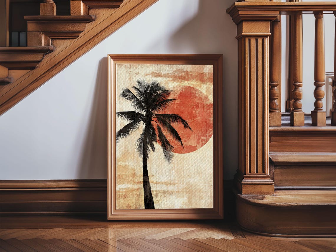 Black Palm Tree Silhouette Against Red Sun Vintage Beach Poster - Image 5