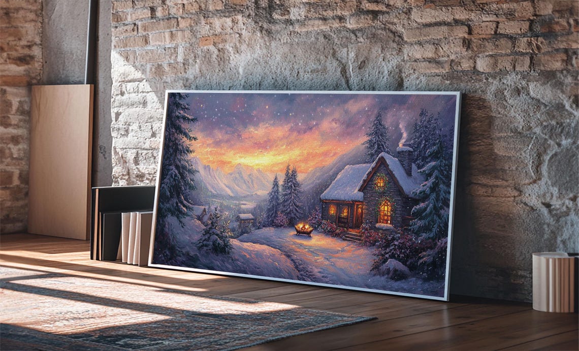 Snowy Mountain Cabin At Sunset With Fire Pit Winter Scene Poster - Image 5