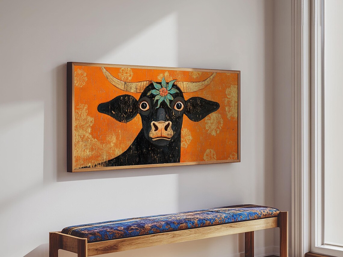 Funny Wide Eyed Black Cow Flower Crown Orange Folk Art Animal Poster - Image 4
