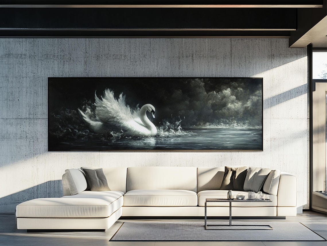 White Swan On Stormy Dark Water Panoramic Wildlife Painting Print - Image 5