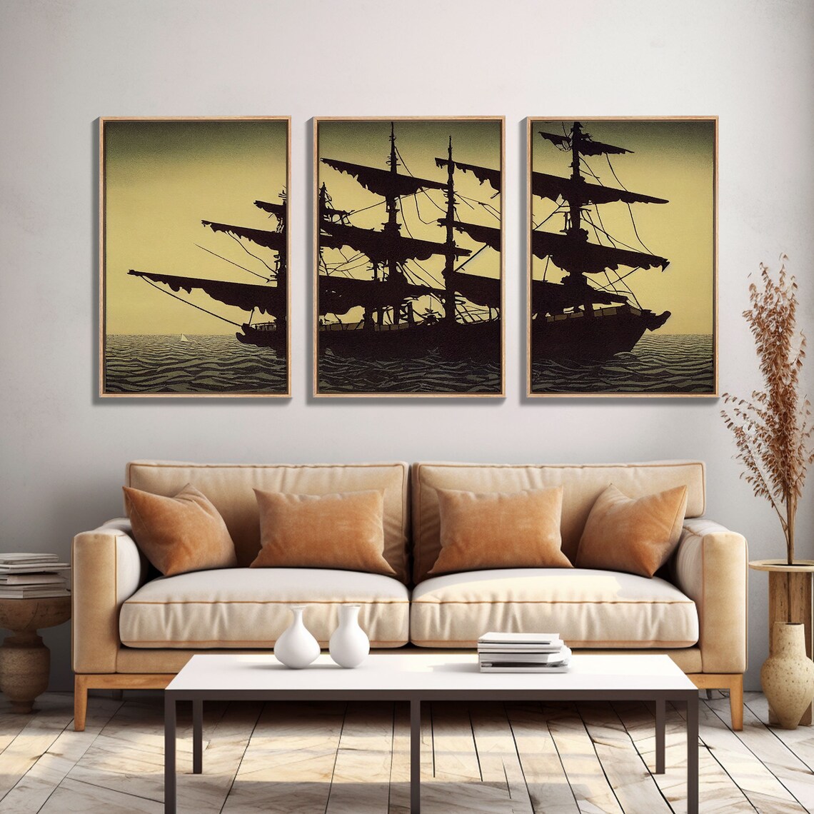 Ghost Pirate Ship Silhouette At Sea Vintage Three Piece Sailing Print - Image 6