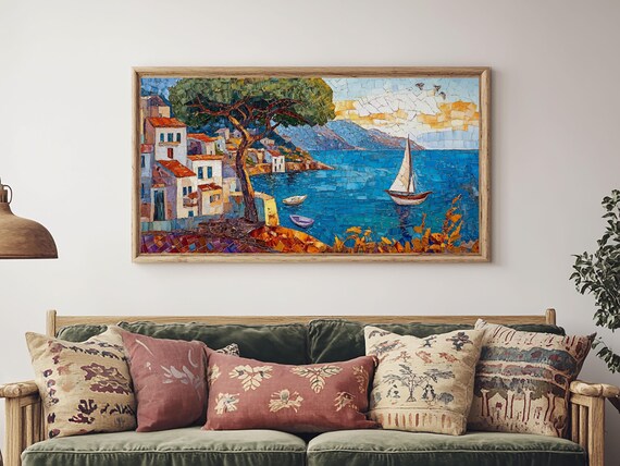 Mediterranean Coastal Village Mosaic Sailboat Blue Sea Travel Poster