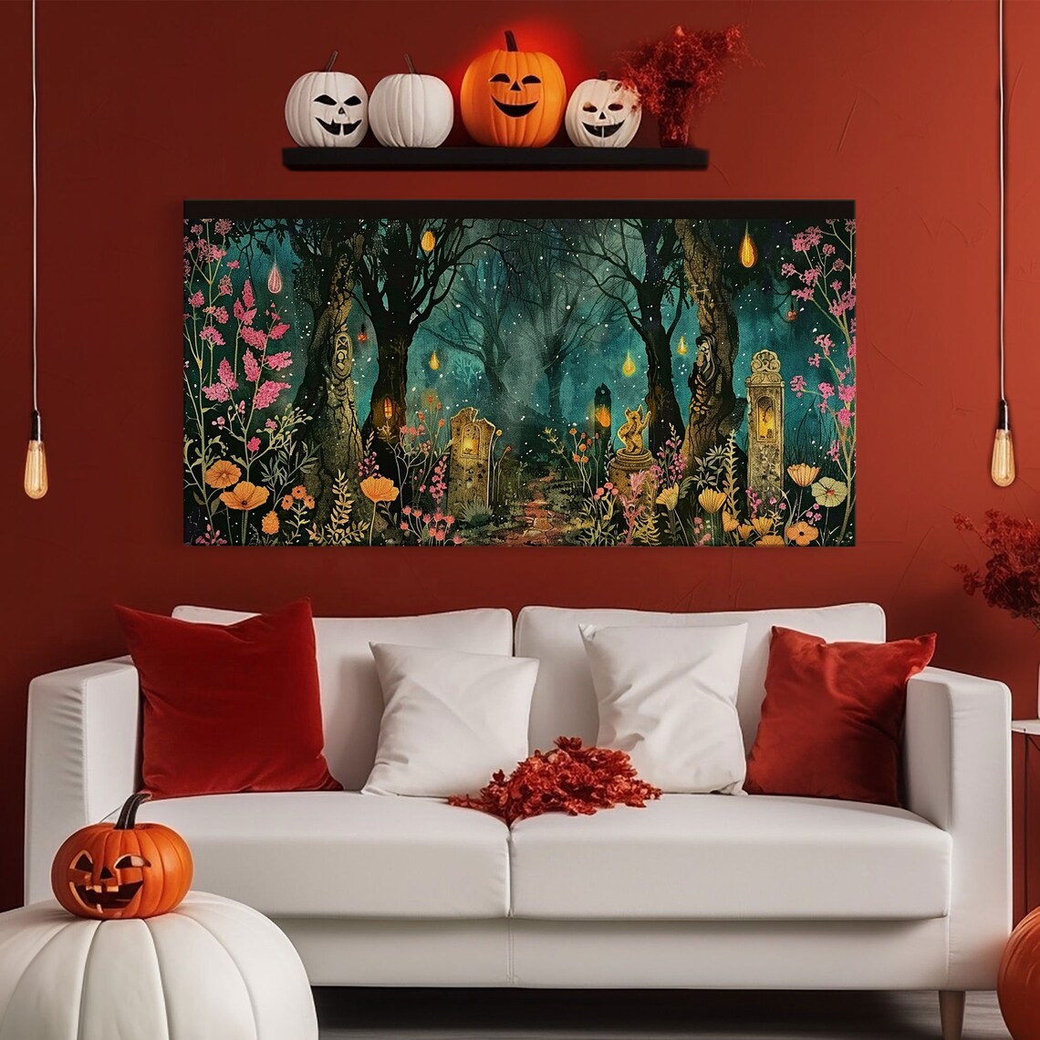 Haunted Forest Cemetery Glowing Lanterns Pink Wildflowers Spooky Wall Art - Image 6