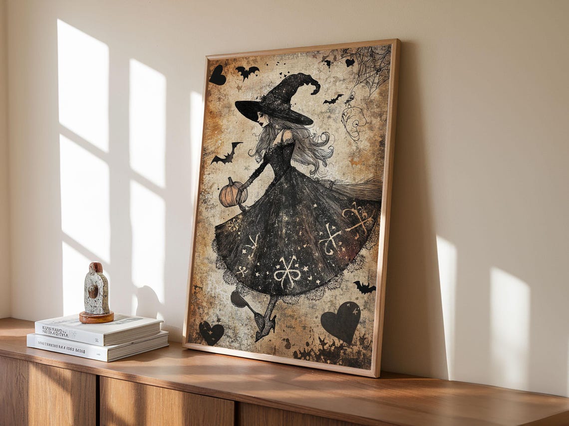 Elegant Vintage Witch With Pumpkin Bats Sepia Halloween Art Print - Image 4