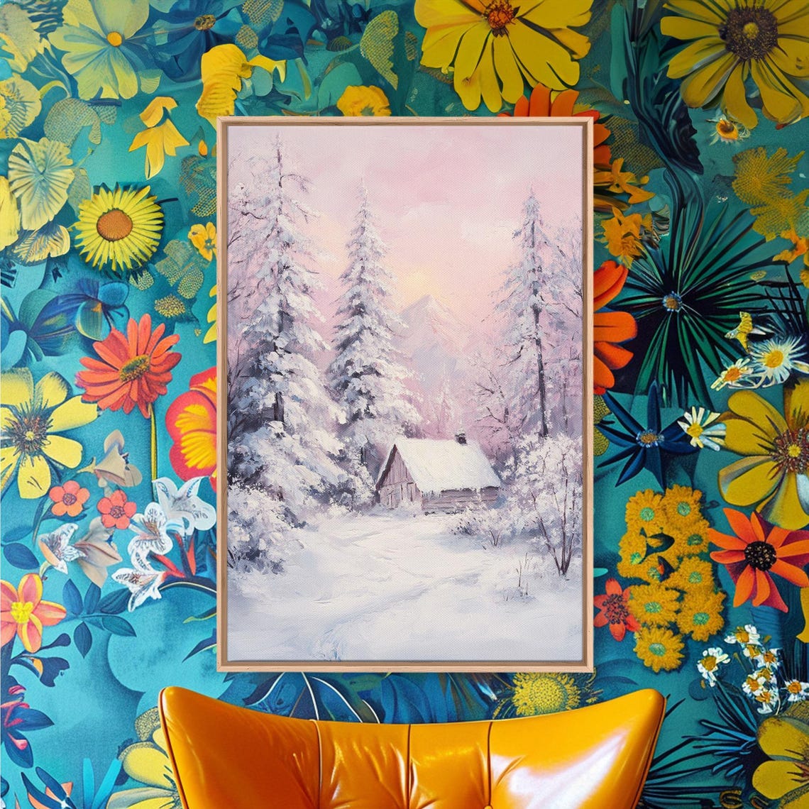 Pink Sunset Snowy Cabin In Winter Pine Forest Hideaway Poster - Image 4
