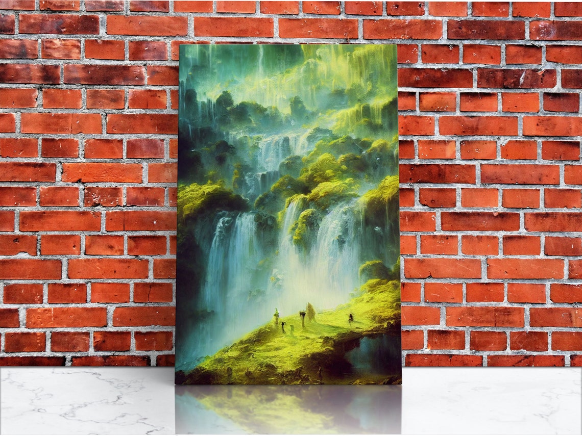 Fantasy Waterfall In Glowing Green Mossy Canyon Landscape Wall Art - Image 4