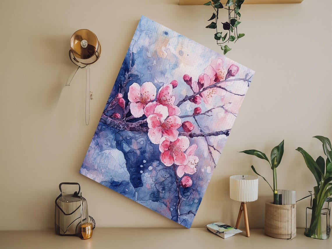 Pink Cherry Blossom Branch Watercolor Spring Floral Art Poster - Image 2