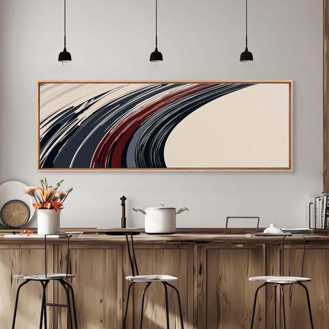 Abstract Line Art Grey Black And Brown Lines Framed Print Mcm Style Abstract Wall Art Extra Wide Art - Image 2