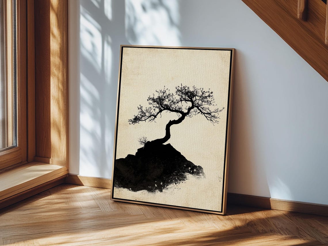 Black Ink Bonsai Tree Minimalist Japanese Wabi Sabi Zen Wall Art - Image 3